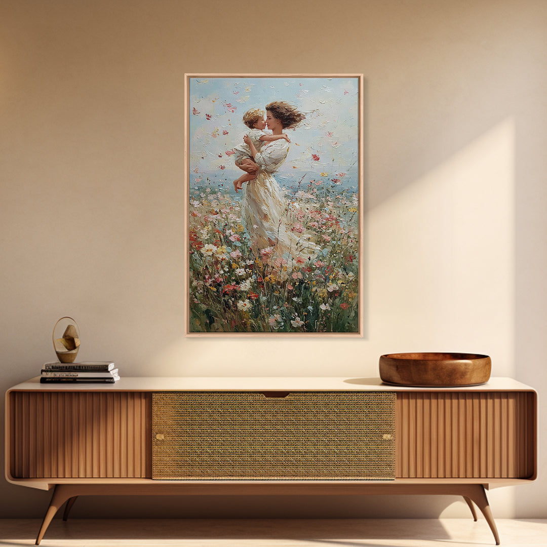 Windblown Mother And Baby Floral Meadow Framed Canvas Print, Coastal Impressionist Wall Art, Nursery Decor, Gift For Mom