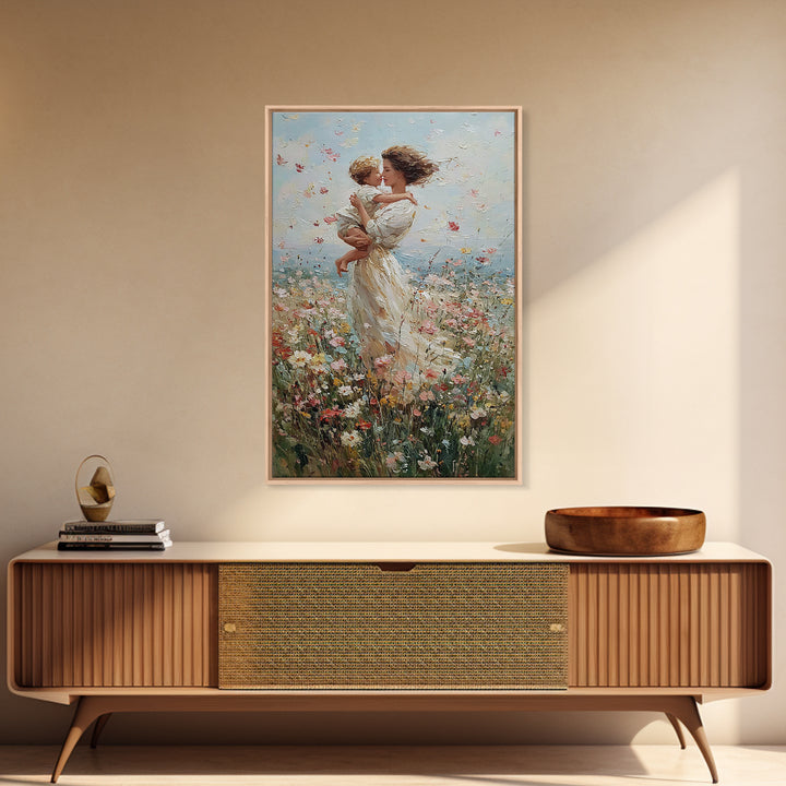 Windblown Mother And Baby Floral Meadow Framed Canvas Print, Coastal Impressionist Wall Art, Nursery Decor, Gift For Mom