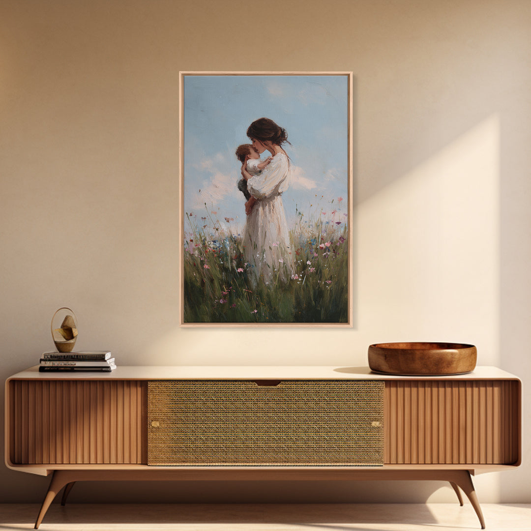 Mother Cuddling Baby In Soft Meadow Framed Canvas Print, Minimalist Floral Wall Art, Calming Nursery Decor, Gift For Mom