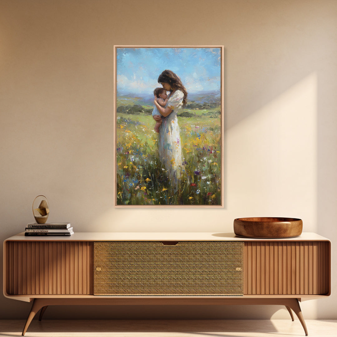 Mother And Baby In Rolling Hills Meadow Canvas Print, Impressionist Landscape Wall Art, Floral Nursery Decor, Gift For Mom