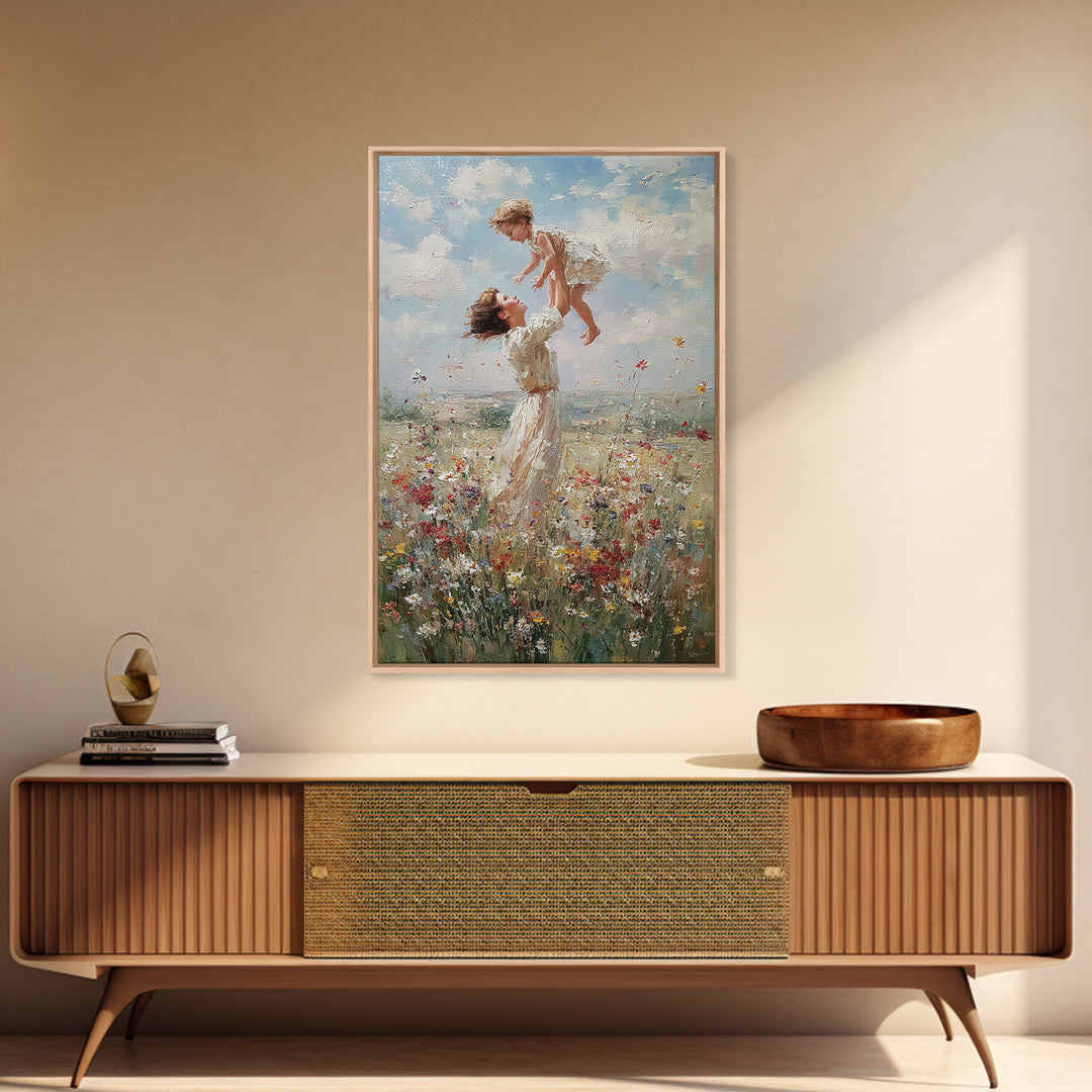 Mother Lifting Child Above Wildflower Meadow Wall Art, Joyful Impressionist Oil Painting Print, Nursery Decor, Gift For Mom