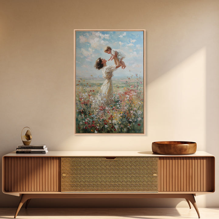 Mother Lifting Baby In Soft Wildflower Meadow Wall Art, Impressionist Oil Painting, Nursery Decor, Mothers Day Gift For Mom
