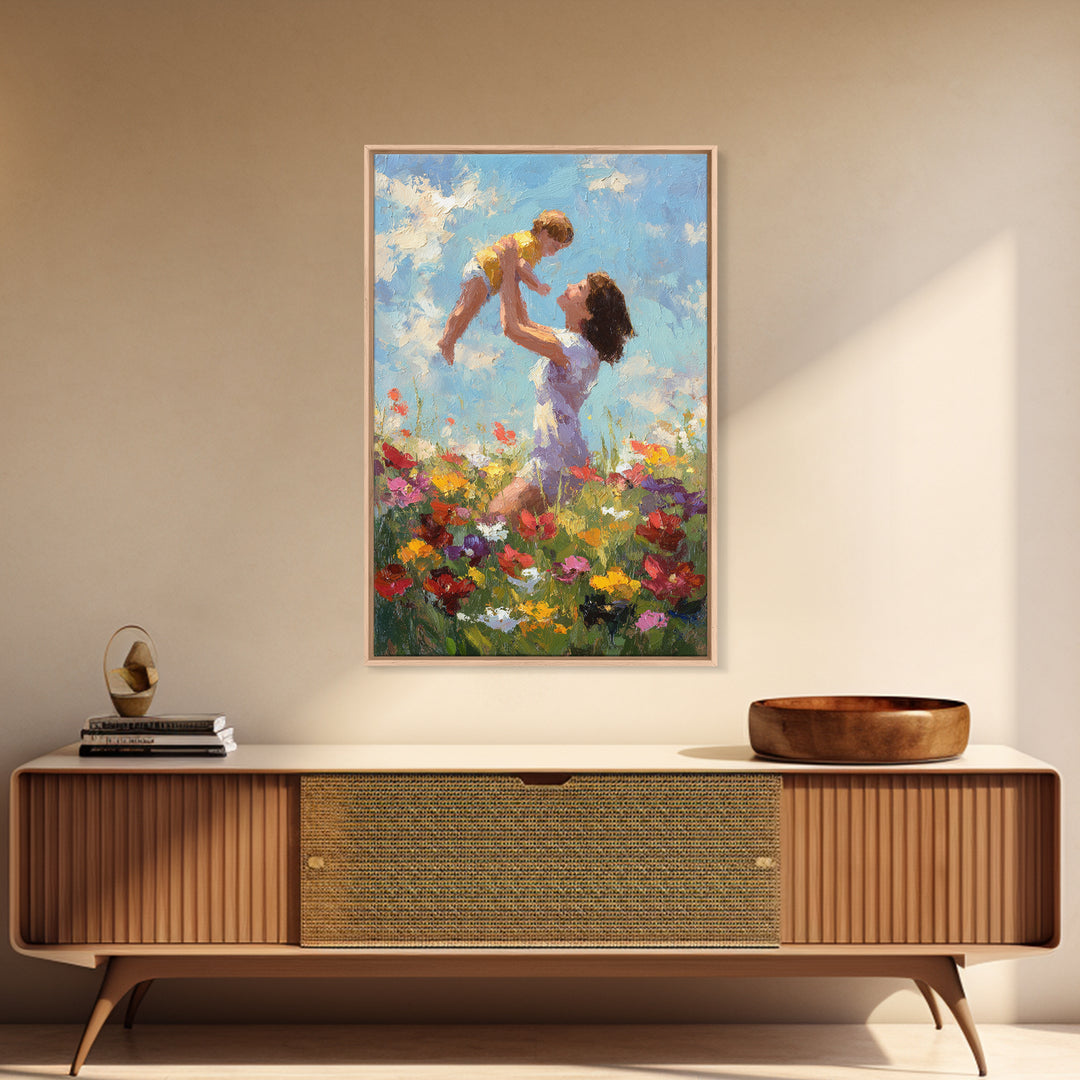 Kneeling Mother Lifting Baby Among Poppies Canvas Print, Impressionist Floral Wall Art, Nursery Decor, Mothers Day Gift For Mom