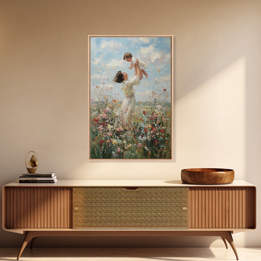 Airy Mother And Toddler In Wild Meadow Framed Canvas Print, Impressionist Wall Art, Living Room Decor, Mothers Day Gift For Mom