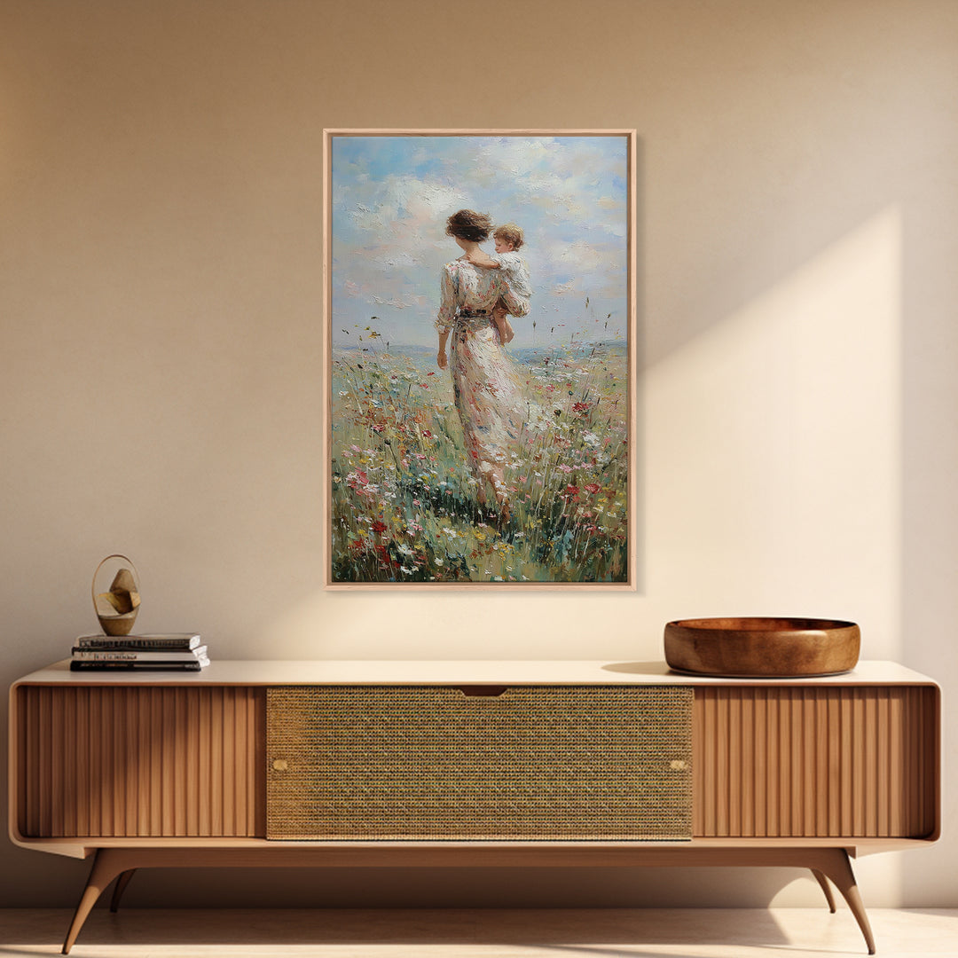 Mother And Child Walking Through Wildflower Meadow Canvas Print, Impressionist Wall Art, Nursery Decor, Mothers Day Gift