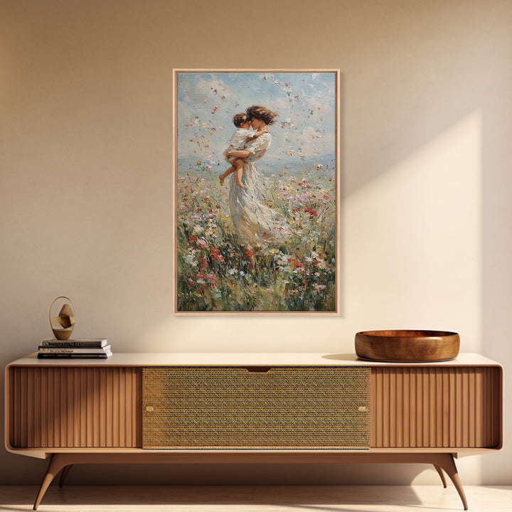 Mother Embracing Baby In Windblown Flower Meadow Framed Canvas Print, Impressionist Floral Wall Art, Nursery Decor, Mothers Day Gift For Mom