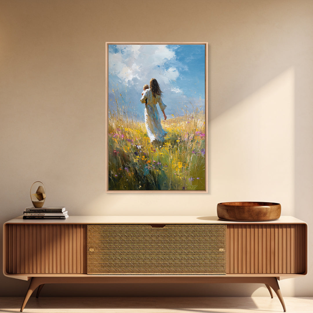 Mother Carrying Child Through Sunny Meadow Canvas Print, Impressionist Landscape Wall Art, Nursery Decor, Mothers Day Gift For Mom