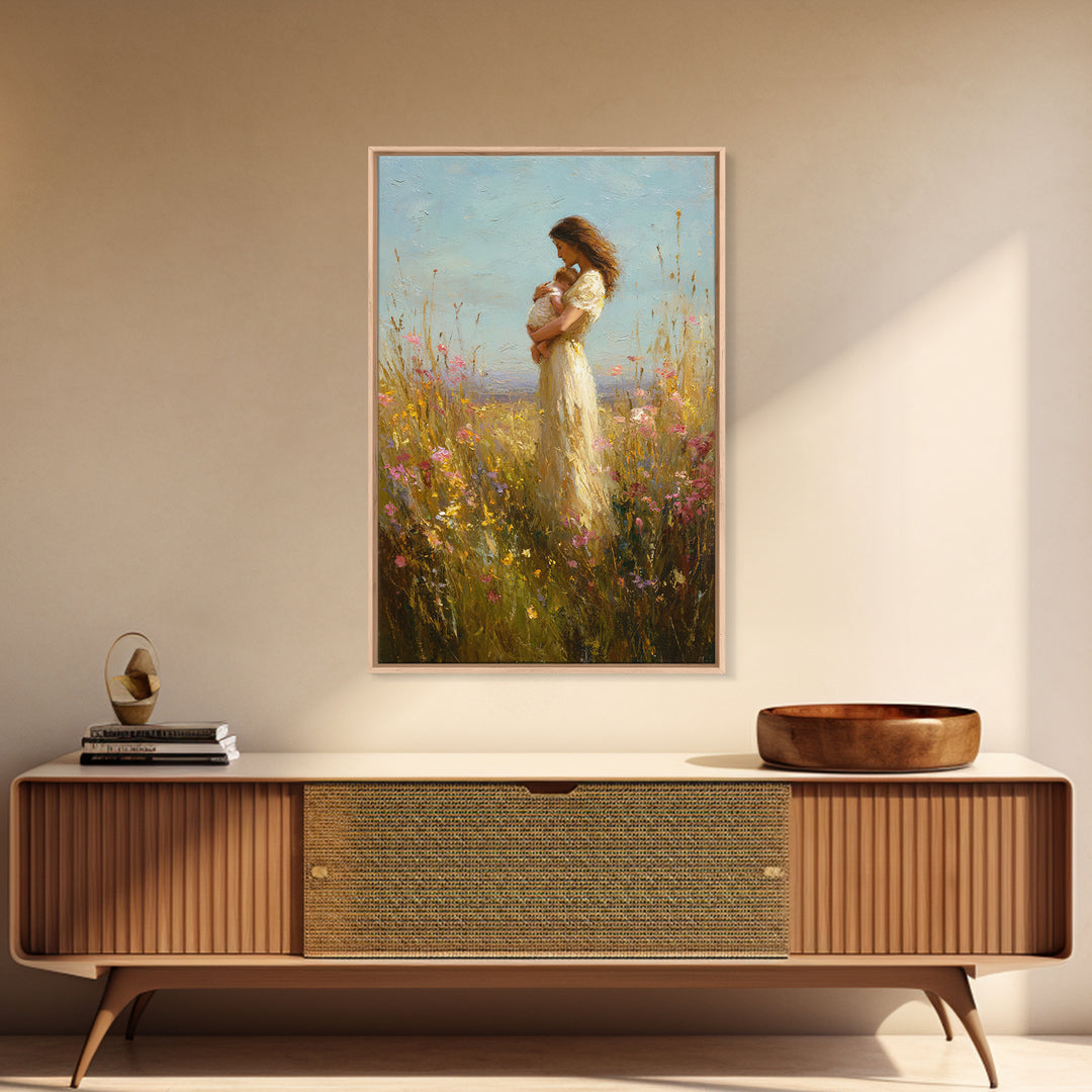 Mother Holding Baby In Wildflower Meadow Wall Art, Impressionist Oil Painting, Feminine Nursery Decor, Gift For Mom, Home Decor