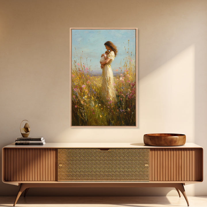 Mother Holding Baby In Wildflower Meadow Wall Art, Impressionist Oil Painting, Feminine Nursery Decor, Gift For Mom, Home Decor