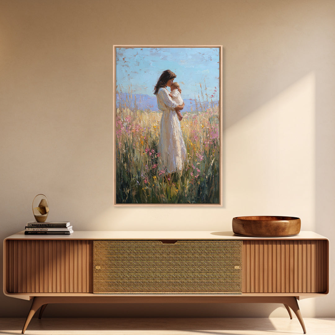 Mother And Baby In Sunlit Wildflower Field Framed Canvas Print, Impressionist Painting, Nursery Wall Art, Gift For Mom, Decor