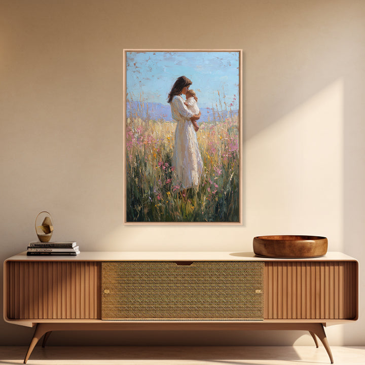 Mother And Baby In Sunlit Wildflower Field Framed Canvas Print, Impressionist Painting, Nursery Wall Art, Gift For Mom, Decor