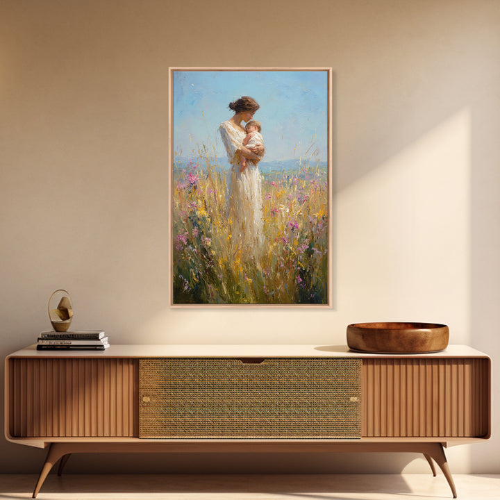 Mother Cradling Baby In Golden Wildflower Meadow Canvas Print, Impressionist Oil Painting, Feminine Wall Art, Gift For Mom