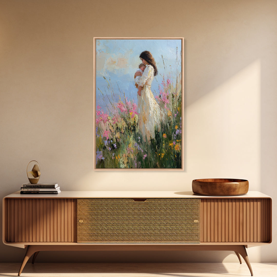 Mother And Newborn In Pink Wildflower Garden Wall Art, Impressionist Oil Painting, Feminine Nursery Decor, Gift For Mom, Home Decor
