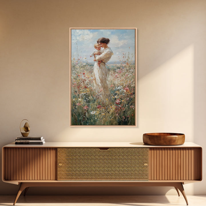 Mother And Baby Among Daisies And Wildflowers Framed Canvas Print, Impressionist Painting, Nursery Wall Art, Gift For Mom