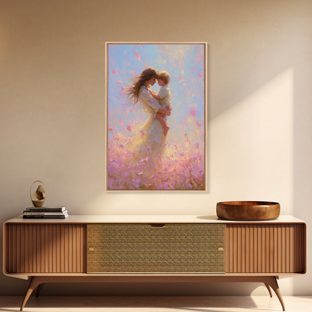 Mother Holding Child In Pink Petal Meadow Framed Canvas Print, Dreamy Impressionist Painting, Feminine Wall Art, Gift For Mom