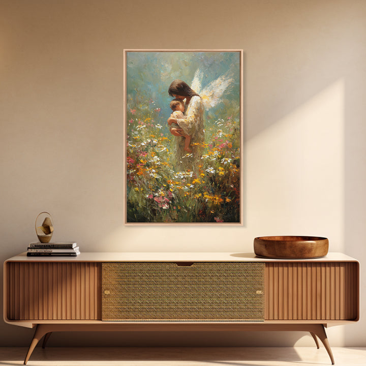 Angel Mother Holding Baby In Wildflower Meadow Framed Canvas Print, Guardian Angel Nursery Art, Spiritual Gift For Mom, Home Decor