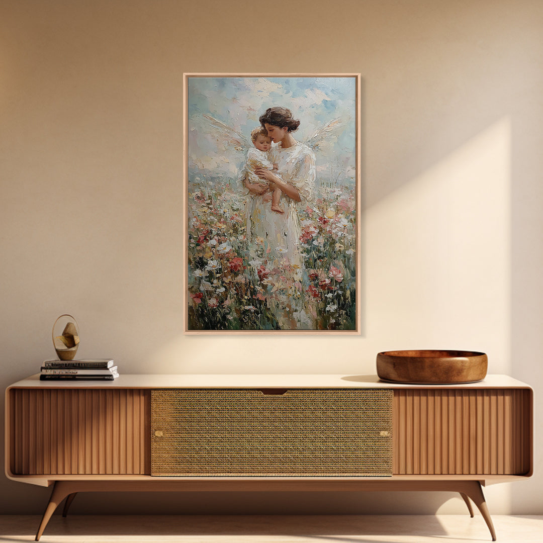 Tender Angel Mother And Baby In Flower Field Framed Canvas Print, Spiritual Wall Art, Nursery Decor, Gift For Mom, Fine Art Print