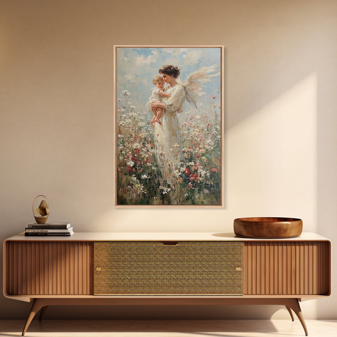 Standing Guardian Angel Holding Baby In Wildflower Field Canvas Print, Spiritual Wall Art, Nursery Decor, Gift For Mom, Home Decor