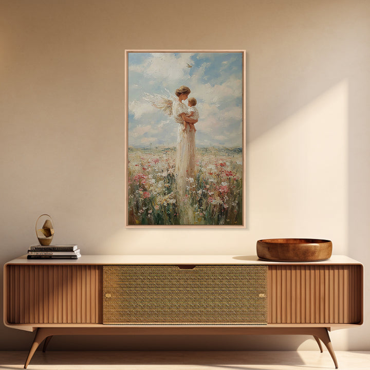 White Winged Angel Cradling Baby In Sunny Meadow Wall Art, Christian Nursery Decor, Spiritual Gift For Mom, Fine Art Print