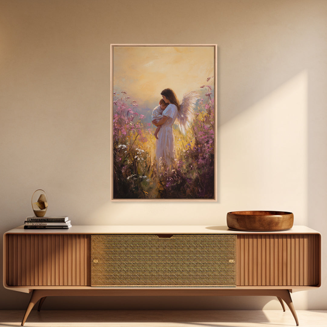 Sunset Angel Mother Holding Baby Among Purple Wildflowers Canvas Print, Spiritual Wall Art, Gift For Mom, Nursery Home Decor