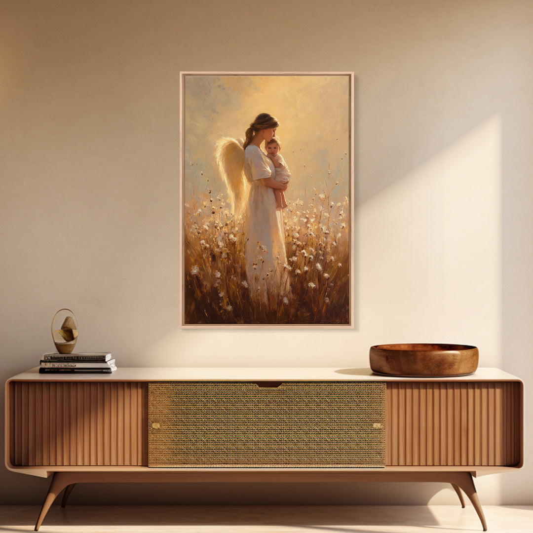 Golden Angel Mother And Baby In Cotton Meadow Framed Canvas Print, Warm Spiritual Wall Art, Nursery Home Decor, Gift For Mom