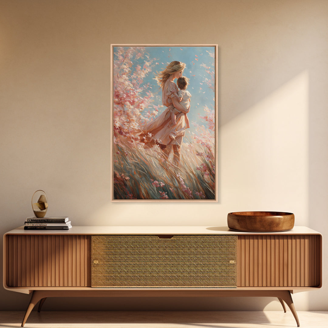 Windblown Angel Mother Carrying Baby Through Pink Blossoms Canvas Print, Feminine Spiritual Wall Art, Gift For Mom, Nursery Decor