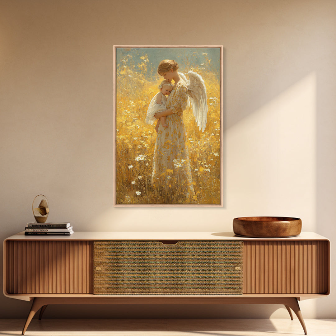 Golden Meadow Angel Holding Sleeping Baby Framed Canvas Print, Spiritual Nursery Wall Art, Gift For Mom, Christian Home Decor