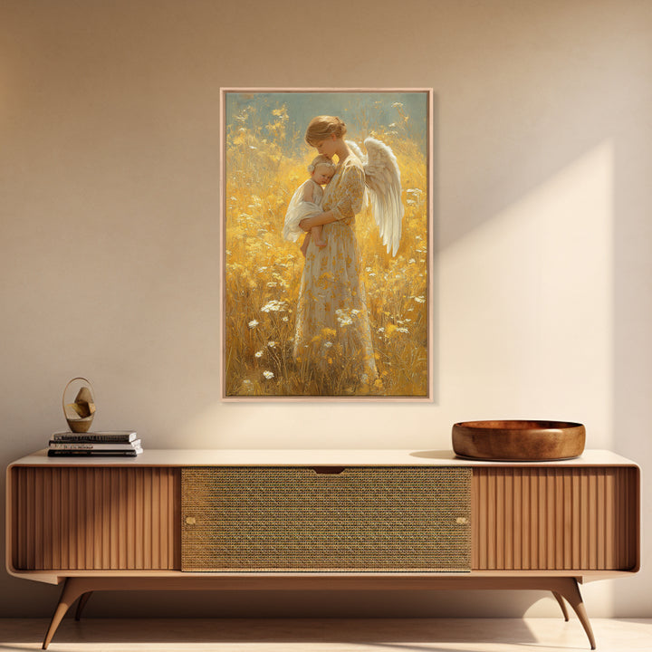Golden Meadow Angel Holding Sleeping Baby Framed Canvas Print, Spiritual Nursery Wall Art, Gift For Mom, Christian Home Decor