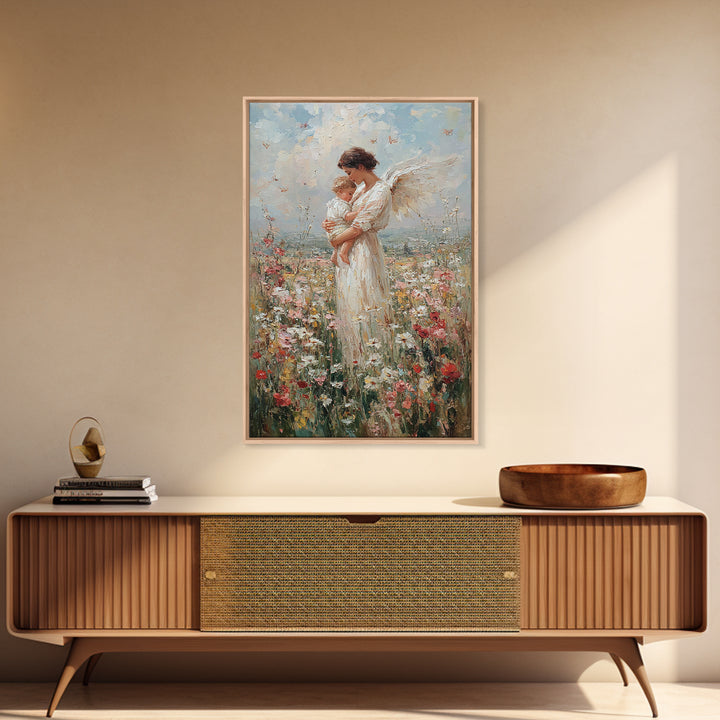 Guardian Angel Mother And Baby In Wildflower Meadow Wall Art, Spiritual Nursery Decor, Christian Gift, Fine Art Print, Home Decor