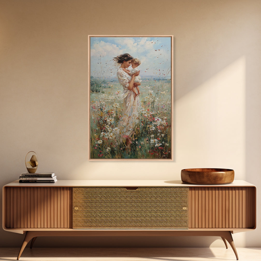 Mother Kissing Baby In Sunlit Wildflower Meadow Wall Art, Feminine Nursery Decor, Fine Art Print, Gift For Mom, Home Decor