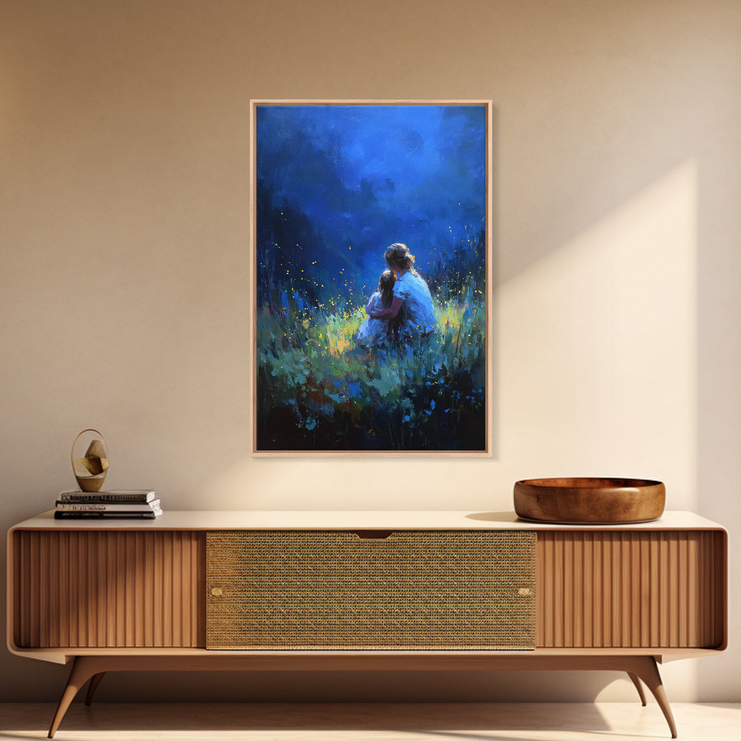 Mother And Child In Deep Blue Firefly Meadow Canvas Print, Moody Wall Art, Fantasy Decor, Nursery Wall Art, Gift For Her