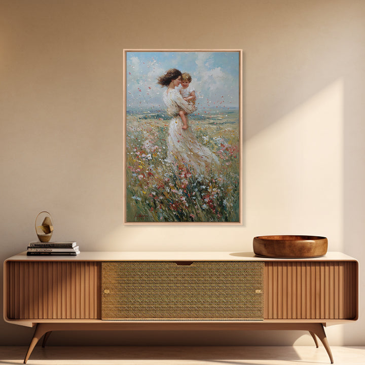 Windblown Mother And Baby In Flower Meadow Canvas Print, Feminine Wall Art, Nursery Decor, Fine Art Print, Gift For Mom, Home Decor