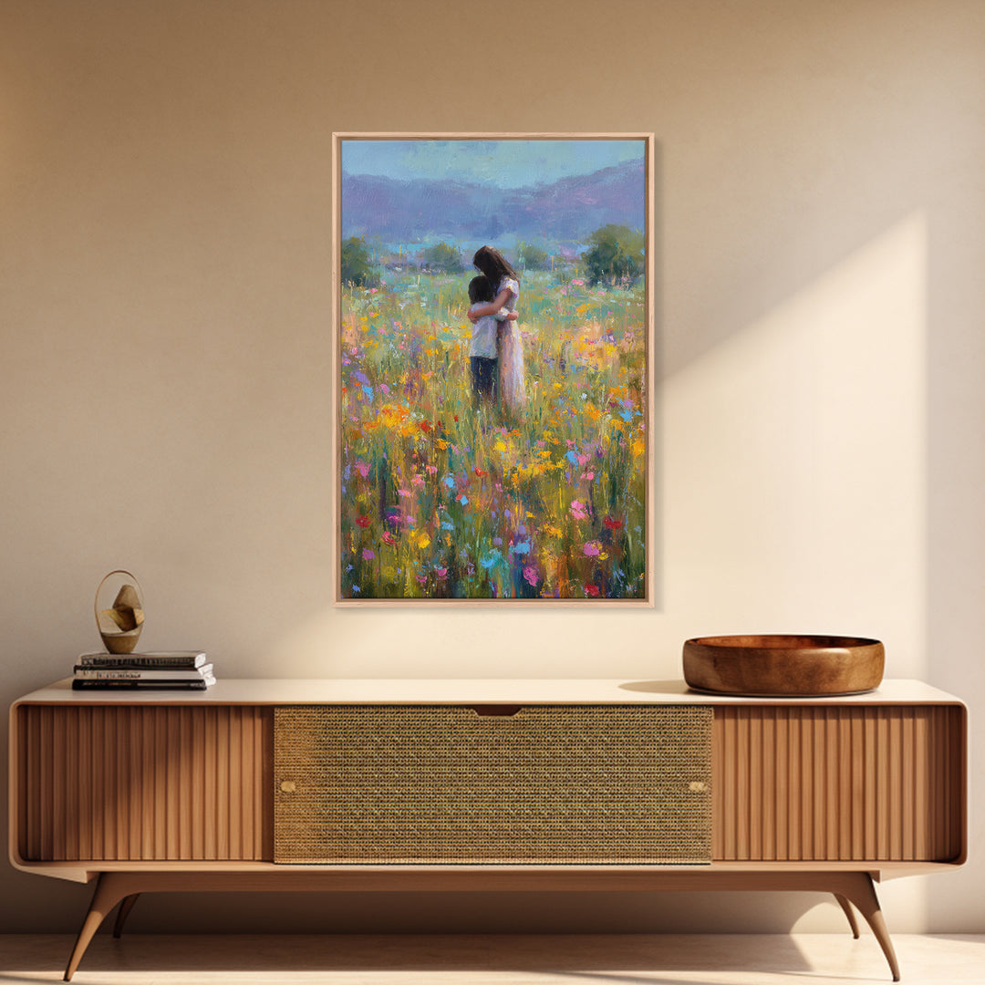 Mother And Child In Wildflower Meadow Wall Art, Impressionist Oil Painting Print, Floral Nursery Decor, Living Room Decor, Gift For Mom