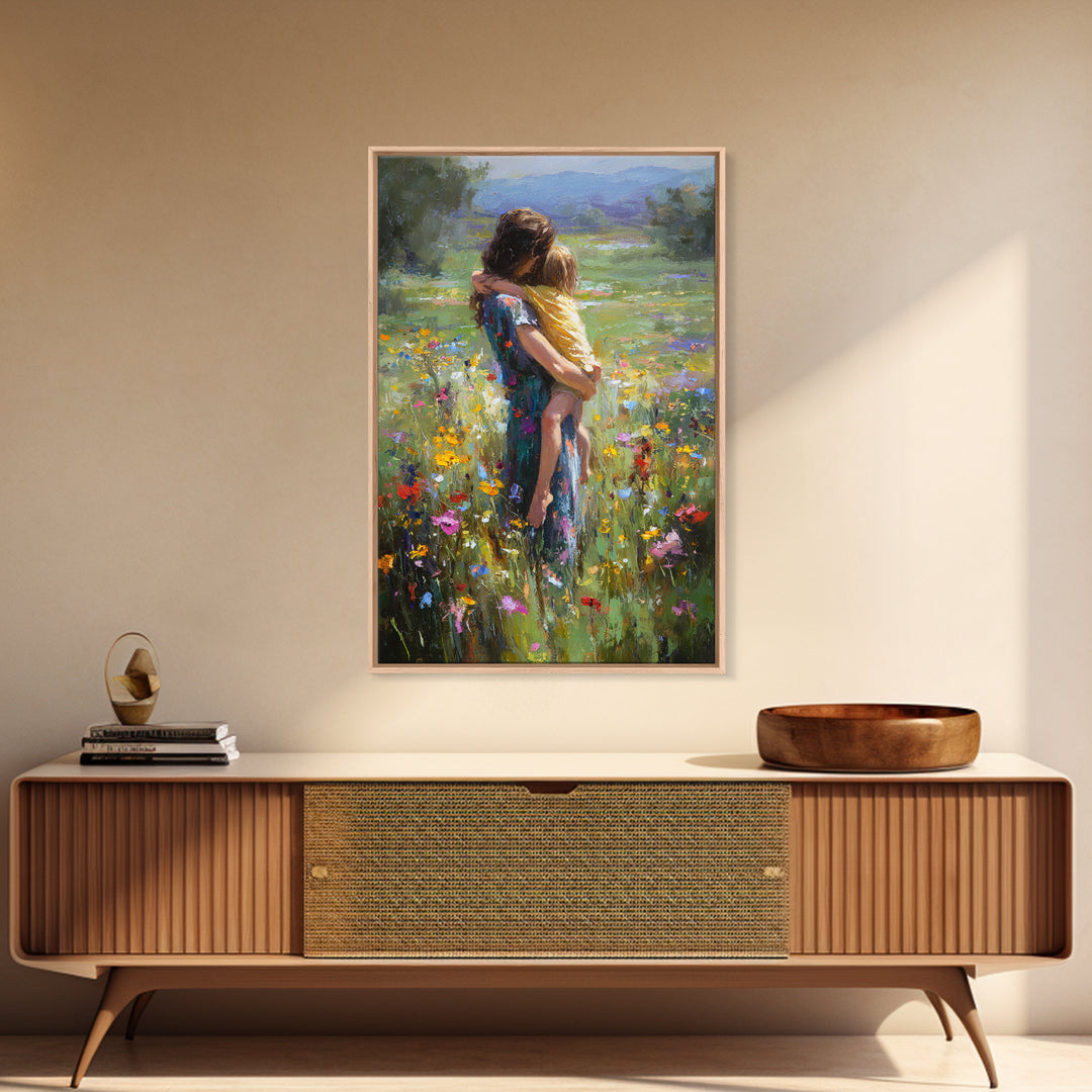 Mother Carrying Child Through Wildflower Meadow Canvas Print, Impressionist Floral Wall Decor, Nursery Art, Gift For Mom