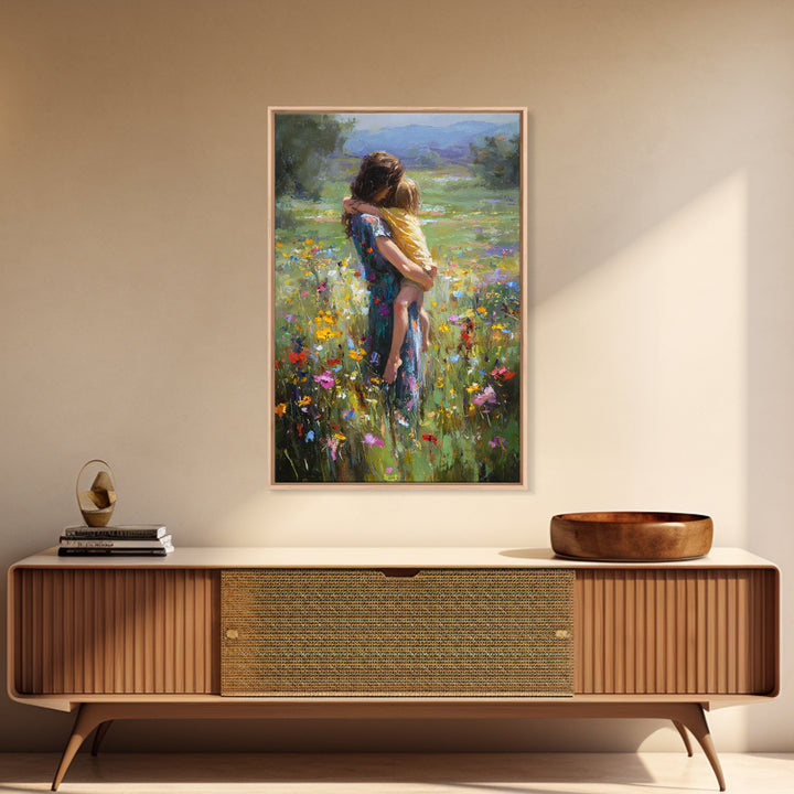 Mother Carrying Child Through Wildflower Meadow Canvas Print, Impressionist Floral Wall Decor, Nursery Art, Gift For Mom