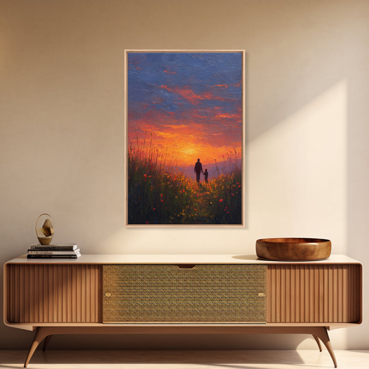 Father And Child Walking At Sunset Wall Art, Colorful Wildflower Meadow Canvas, Family Gift, Living Room Decor, Housewarming Gift