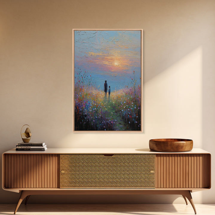 Parent And Child In Misty Wildflower Meadow Canvas Print, Textured Sunset Landscape Wall Art, Calming Living Room Decor Gift