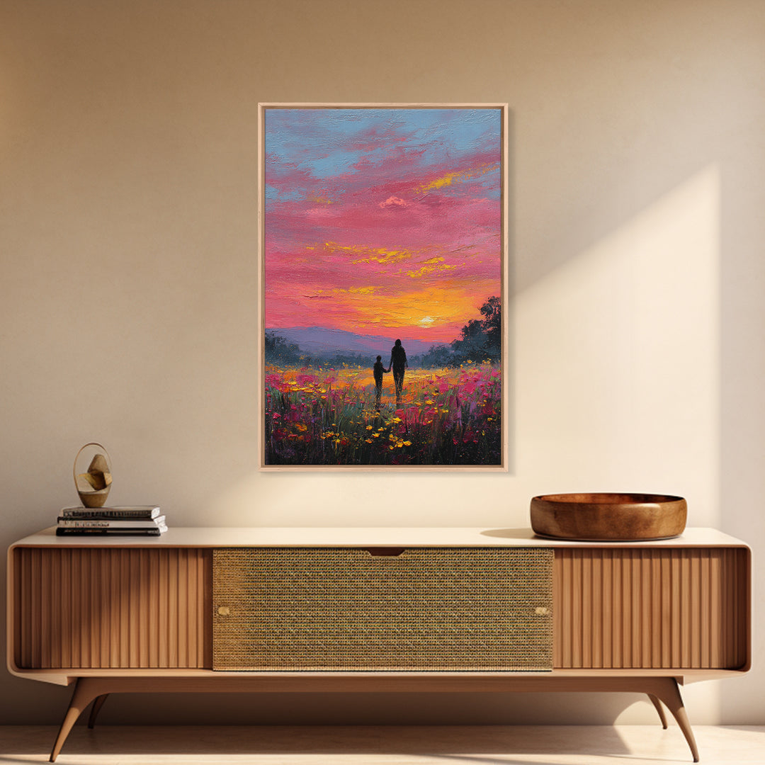 Father And Child Walking Through Pink Sunset Meadow Wall Art, Colorful Landscape Canvas Print, Family Gift, Bedroom Decor