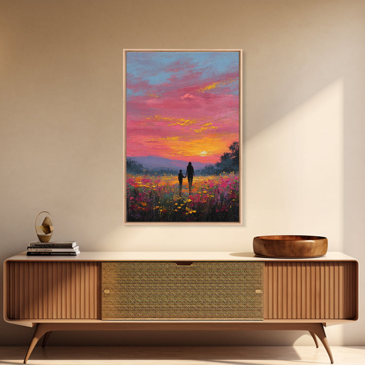 Father And Child Walking Through Pink Sunset Meadow Wall Art, Colorful Landscape Canvas Print, Family Gift, Bedroom Decor