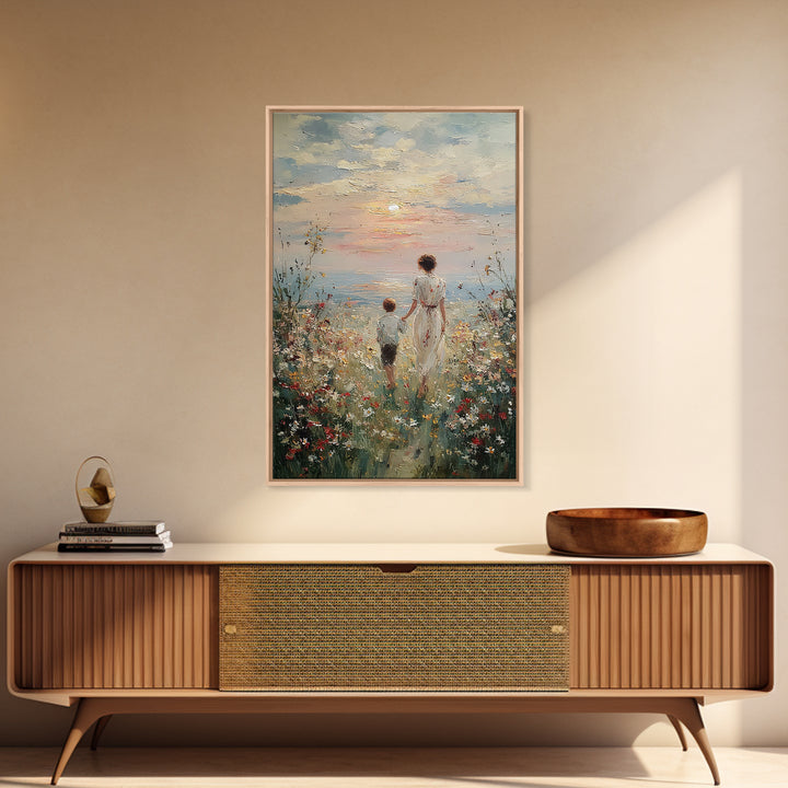 Mother And Child Sunset Seaside Wall Art, Wildflower Path Oil Painting, Coastal Decor, Gift For Mom, Living Room Art, Fine Art Print
