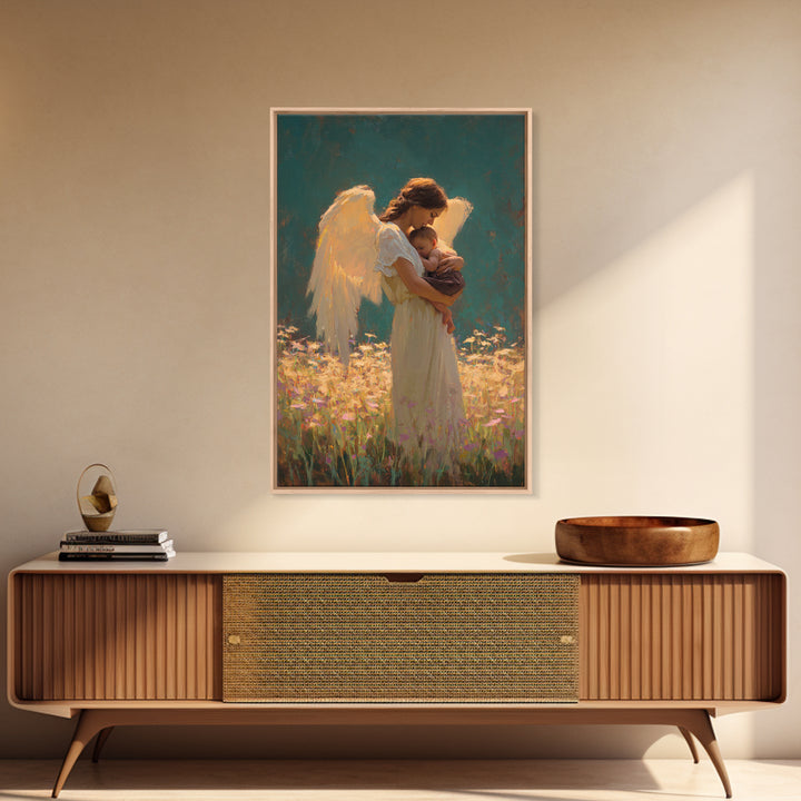 Guardian Angel Holding Baby In Flower Meadow Framed Canvas Print, Spiritual Wall Art, Nursery Decor, Gift For Mom, Baby Shower Gift