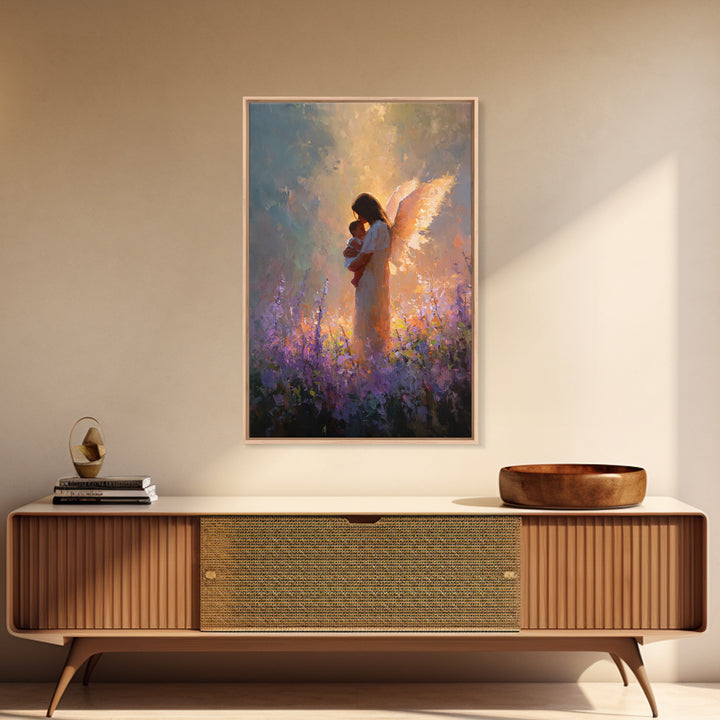 Glowing Guardian Angel With Baby In Lavender Field Canvas Print, Spiritual Wall Art, Christian Decor, Gift For Mom, Nursery Decor