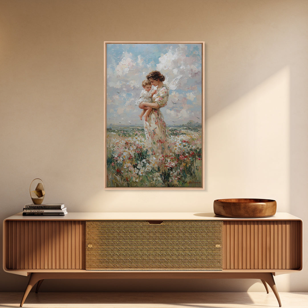 Mother Holding Baby In Daisy Meadow Wall Art, Impressionist Oil Painting, Nursery Decor, Gift For Mom, Fine Art Print, Living Room Decor