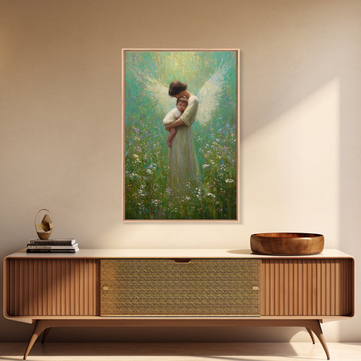 Soft Guardian Angel Holding Baby In Green Meadow Canvas Print, Spiritual Wall Art, Nursery Decor, Baby Shower Gift, Gift For Mom