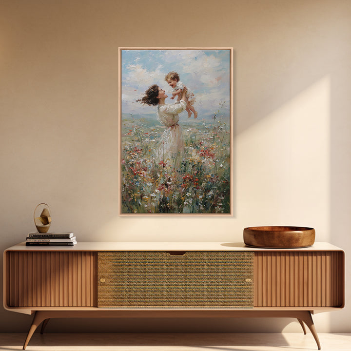 Joyful Mother Lifting Baby In Wildflower Meadow Wall Art, Impressionist Oil Painting, Nursery Decor, Gift For Mom, Living Room Art
