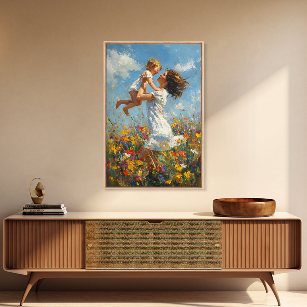 Mother And Child In Wildflower Meadow Wall Art, Impressionist Oil Painting Print, Nursery Decor, Gift For Mom, Feminine Home Decor