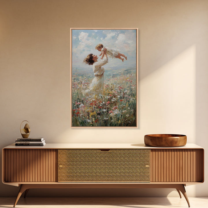 Mother Lifting Baby In Coastal Wildflowers Wall Art, Impressionist Oil Painting, Beach House Decor, Nursery Art, Gift For Her