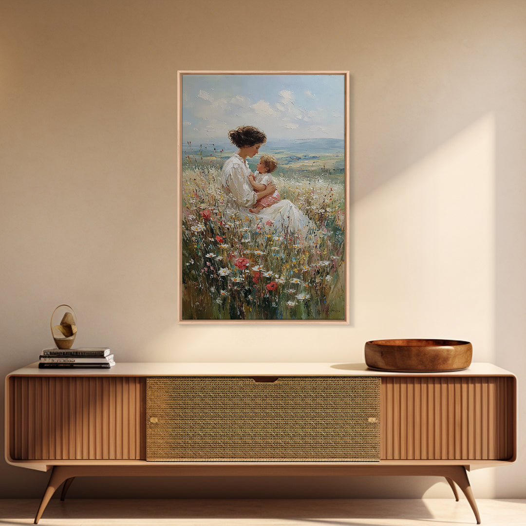 Mother And Baby In Hillside Wildflowers Framed Canvas Print, Impressionist Landscape Wall Art, Nursery Decor, Gift For Her