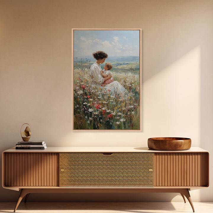 Mother And Baby In Hillside Wildflowers Framed Canvas Print, Impressionist Landscape Wall Art, Nursery Decor, Gift For Her