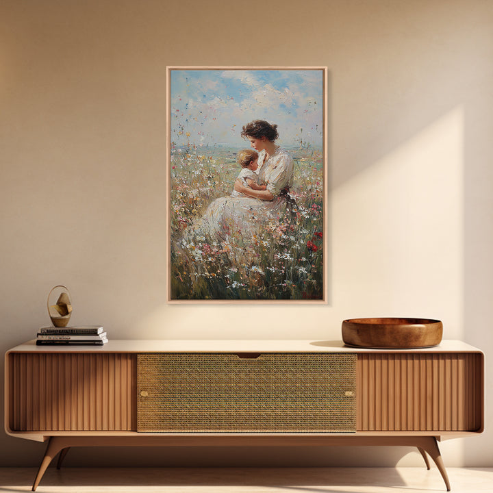 Nursing Mother And Baby In Wildflower Meadow Wall Art, Impressionist Oil Painting Print, Feminine Nursery Decor, Gift For Mom